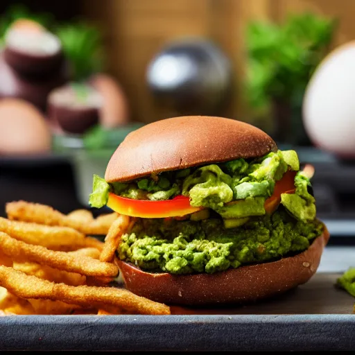 Image similar to vegan hamburger with guacamole and crispy fried onion and fried egg toppings, crispy buns, 8 k resolution, studio lighting, sharp focus, hyper - detailed