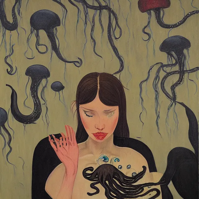 Image similar to tall female emo artist holding an octopus in a flooded starbucks, bagels, pigs, water gushing from ceiling, painting of flood waters inside a cafe, a river flooding indoors, pomegranates, pigs, ikebana, water, octopus, river, rapids, waterfall, black swans, zen, canoe, berries, acrylic on canvas, surrealist, by magritte and monet