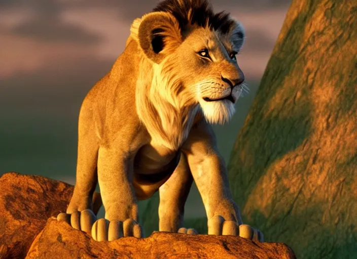 Image similar to screenshot from the lion king (1994), iconic scene, HD remaster, Disney, highly detailed, high quality, detailed fur, simba