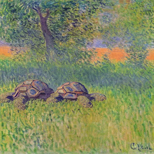 Prompt: tortoises using heavy artillery by claude monet