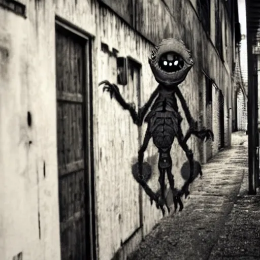 Prompt: creepy monster hiding in alleyway. found footage.