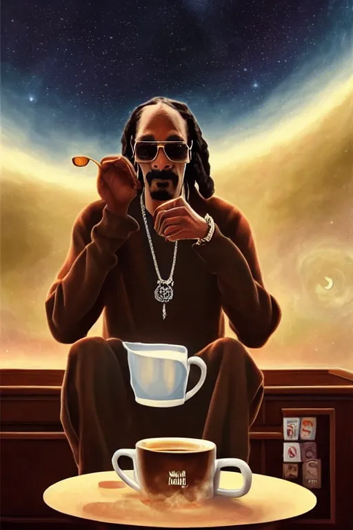 Prompt: Snoop Dogg offering a steaming mug of chai tea, against the backdrop of the universe, full body, digital painting, artstation, concept art, sharp focus, cinematic lighting, illustration, art by artgerm and Norman Rockwell, cgsociety