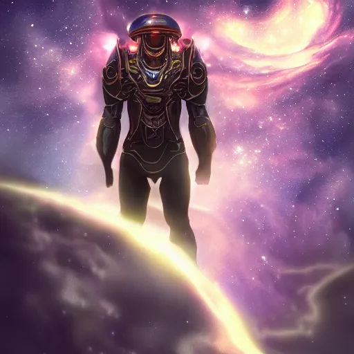 Image similar to photorealistic fantasy cosmic concept art of a cosmic nebula God in dark matter armor hovering in a unknown galaxy, fully body portrait, cinematic, dynamic lighting, ultra detailed, creative, trending on art station