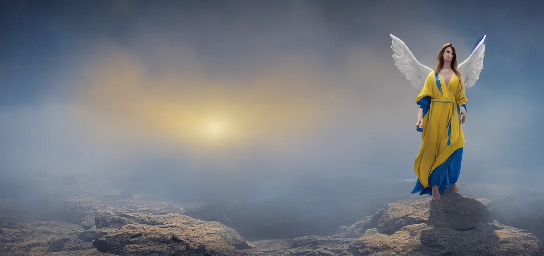 Prompt: an angel in blue and yellow robes fighting a best in a desert, luminescent eyes, sunny weather, rendered in octane, realistic, 8 k, vivid, intricate, detailed, mist, fog, dramatic light