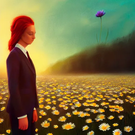 Prompt: enlarged daisy flower head, frontal, girl in a suit, surreal photography, sunrise, dramatic light, impressionist painting, digital painting, artstation, simon stalenhag