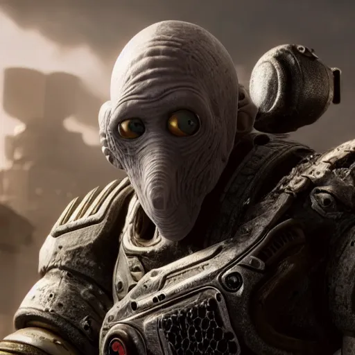 Image similar to squidward in gears of war, splash art, movie still, detailed face, photorealistic facial features, cinematic lighting, dramatic, octane render, long lens, shallow depth of field, bokeh, anamorphic lens flare, 8 k, hyper detailed, 3 5 mm film grain