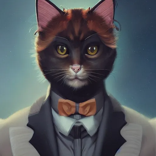 Prompt: cute fashion vogue kittycat man man wearing a cat costume wearing a tuxedo ripped physique anna podedworna gerald brom bastien grivet greg rutkowski portrait