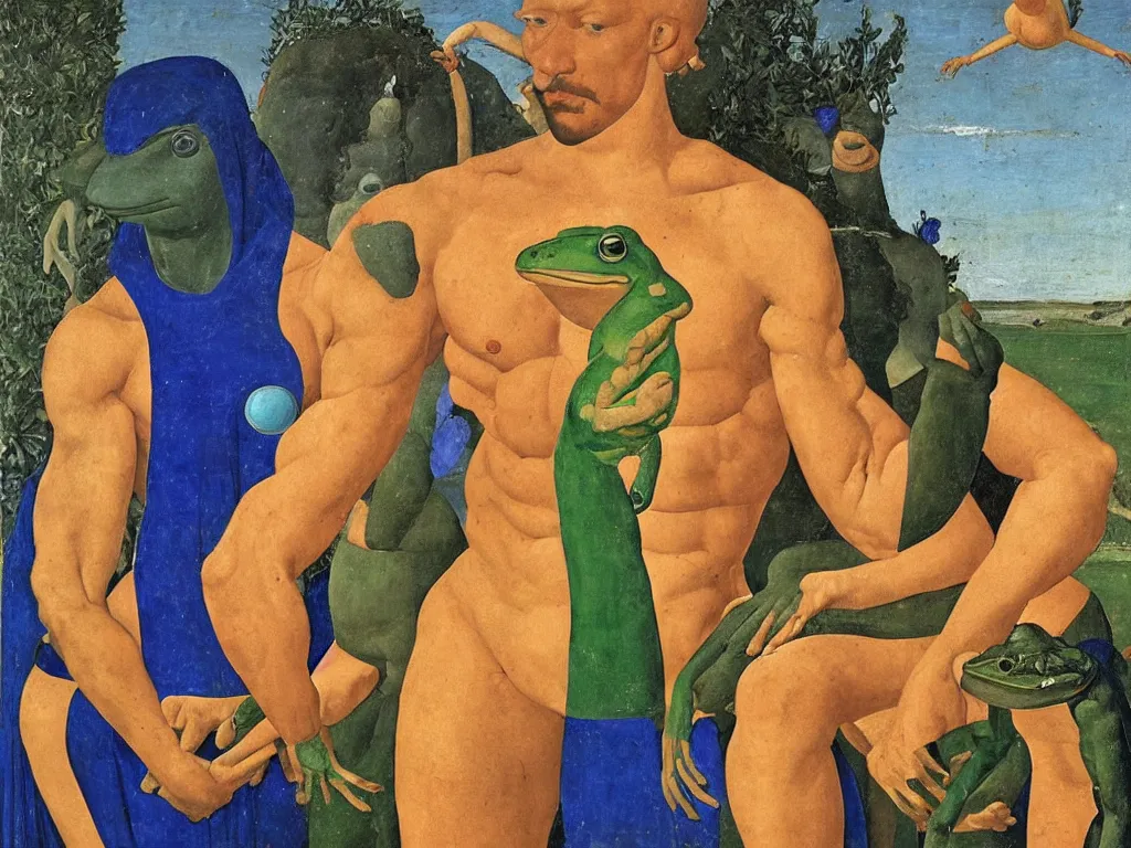 Image similar to portrait of muscular man with frog head. lapis lazuli, malachite, turqouise, gold. painting by piero della francesca, balthus, agnes pelton