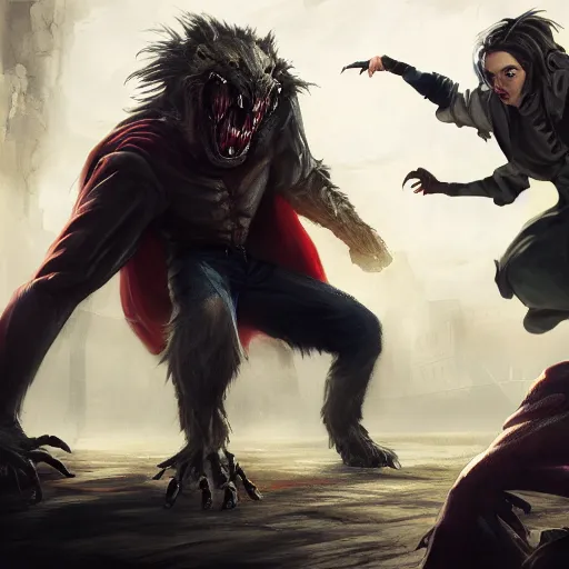 Image similar to a battle between the vampire and the werewolves, action pose, digital painting, WLOP, trending on artstation, 8k, epic composition, highly detailed, sharp focus