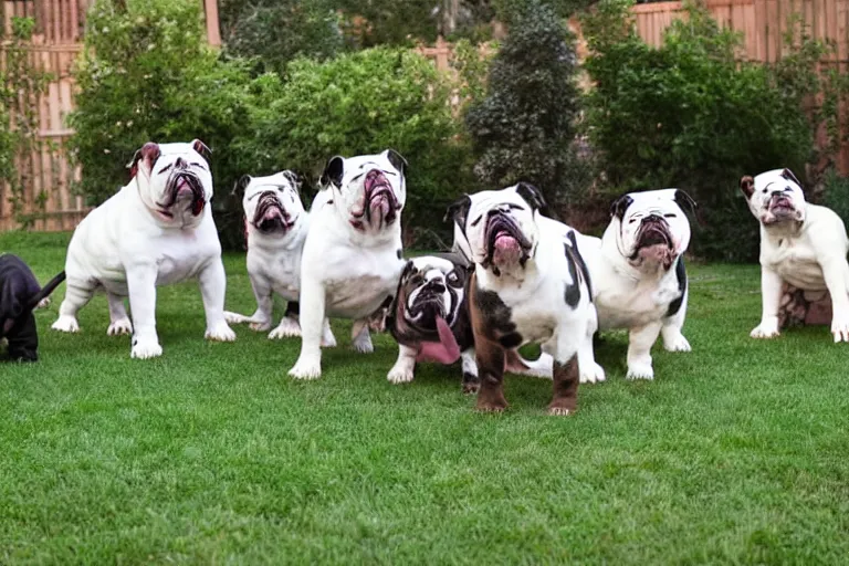 Prompt: a backyard full of bulldogs that are facing directly into the camera