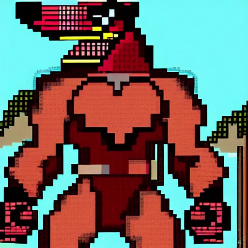 Image similar to full body portrait. 8 bit graphics. antropomorphic muscular masculine wolf, kickboxer fighter, in shorts, in front of destroyed city. wolf head. furr on body. at night. 1 9 8 9