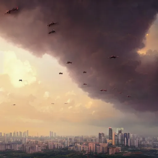 Image similar to Singapore city with a lion-shaped cloud in the sky and a squadron of chinooks flying in the sky, by greg rutkowski, red and white lighting, digital art, ultra realistic, ultra detailed, photorealistic, 4k, character concept