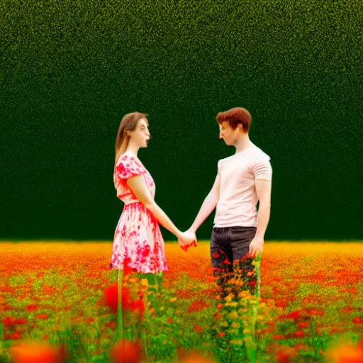 Image similar to a couple holding hands in a field of flowers, symmetrical face, beautiful, vfx, photo realistic, 8 k, aesthetic