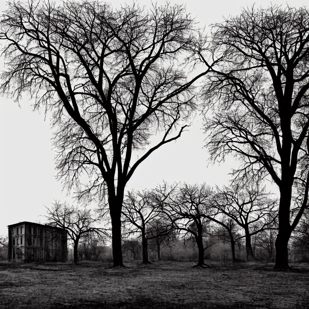 Prompt: a dystopian landscape with leafless trees and an old building