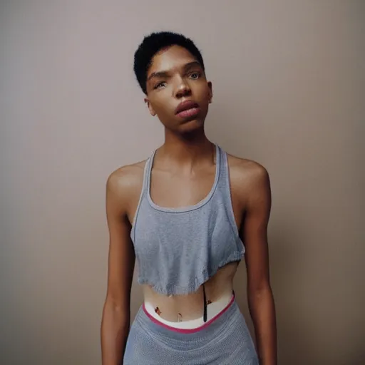 Image similar to realistic! photoshoot for a new nike lookbook, color film photography, portrait of a beautiful woman, location in a apartment, highly detailed, 8K, in style of tyler mitchell, 35mm