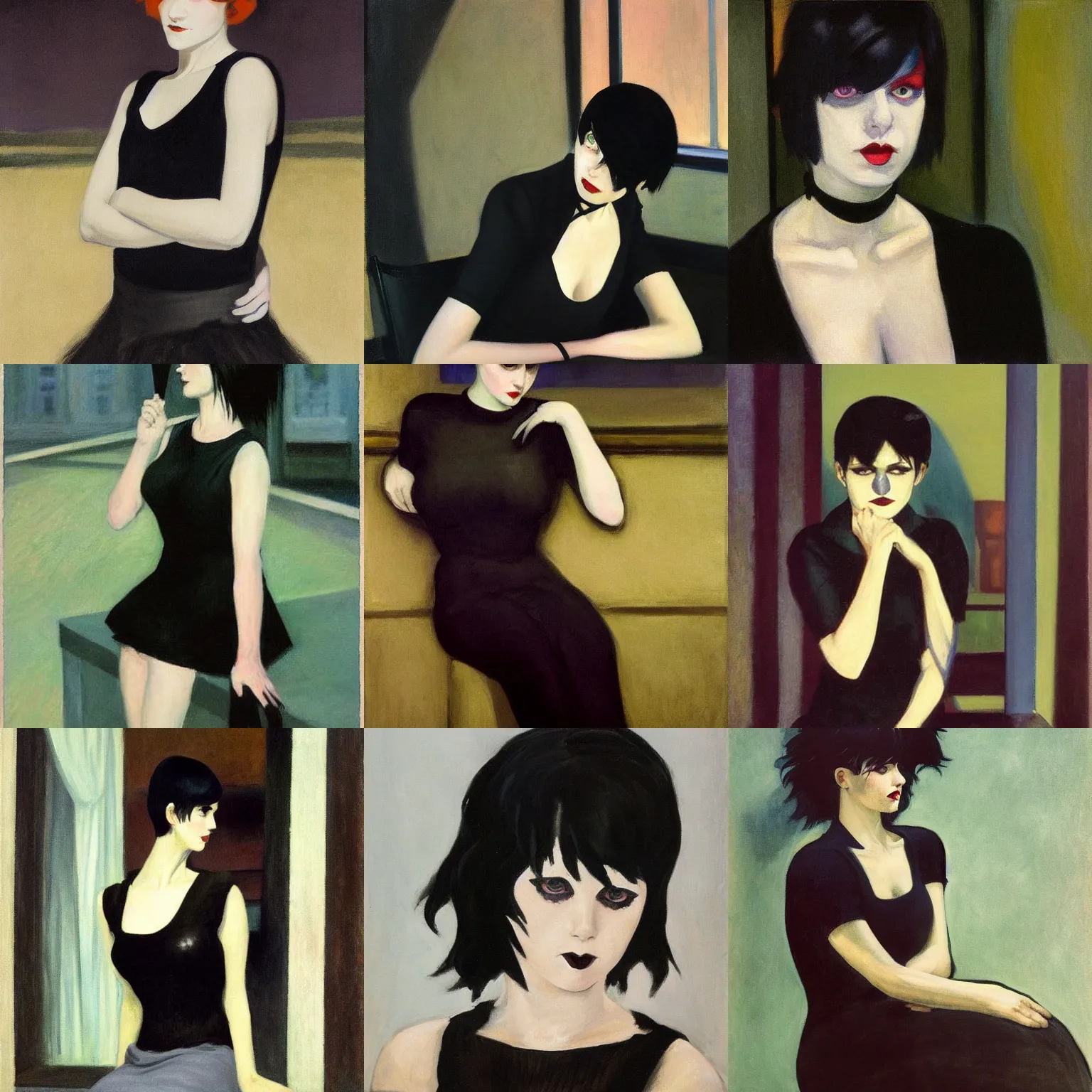 Prompt: A goth painted by Edward Hopper. Her hair is dark brown and cut into a short, messy pixie cut. She has a slightly rounded face, with a pointed chin, large entirely-black eyes, and a small nose. She is wearing a black tank top, a black leather jacket, a black knee-length skirt, a black choker, and black leather boots.