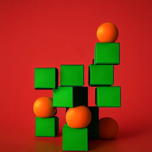 Image similar to stack of green cubes on the left and an orange ball on the right in a red room, blender, ue 5, octane render, trending on artstation