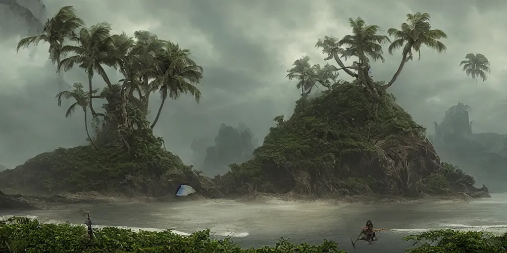 Prompt: screenshot from a movie, scull island, epic matte painting of a misty jungle island on choppy seas, cinematic cinematography masterpiece, skull, greg rutkowski, and ivan aivazovski, roger deakins