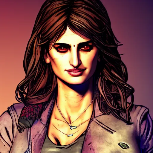 Image similar to penelope cruz portrait, borderlands, tales from the borderlands, the wolf among us, comic, cinematic lighting, studio quality, 8 k