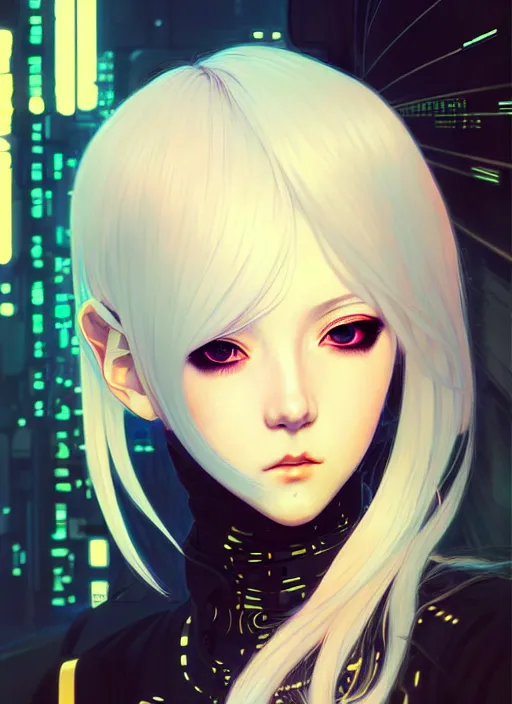 Image similar to portrait Anime girl cyberpunk, cute-fine-face, white-hair pretty face, realistic shaded Perfect face, fine details. Anime, cyberpunk. realistic shaded lighting by Ilya Kuvshinov and Gustav Klimt