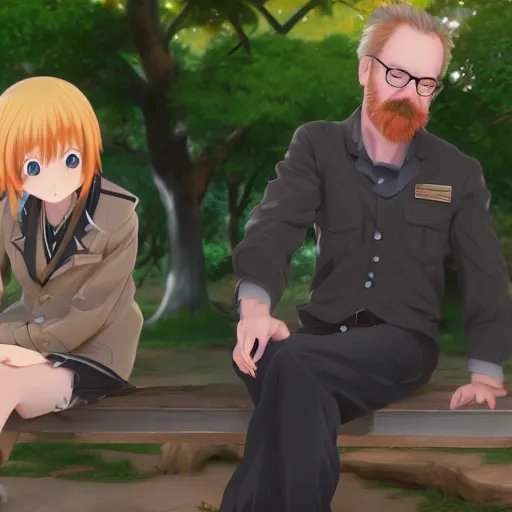 Prompt: photorealistic Adam Savage and Jamie Hyneman meets a beautiful smiling anime girl with black hair and hime cut sitting under a tree, anime key visual, digital art, anime screenshot, kyoto animation, makoto shinkai, trending on artstation