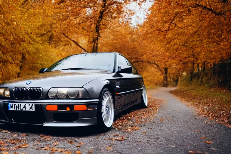 Image similar to A BMW e36 parked in a road with trees, autumn season, Epic photography, taken with a Leica camera, 50 mm, depth of field