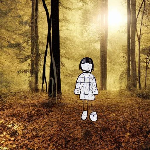 Image similar to lost child in woods, spooky, cel shaded, glossy