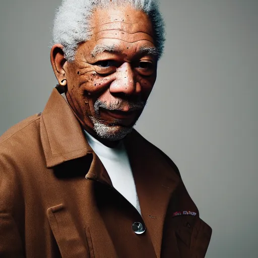 Image similar to a studio photograph of Morgan Freeman dressed like Travis Scott, 40mm lens, shallow depth of field, split lighting