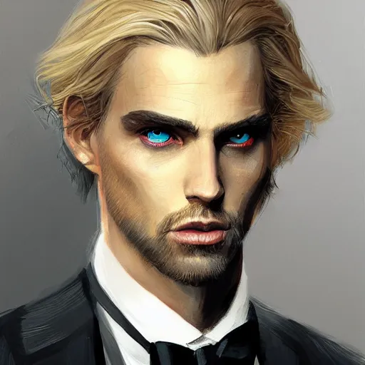 Prompt: portrait of a man with green eyes,long blonde hair,a tuxedo suit,digital art,detailed,realistic,art by greg rutkowski