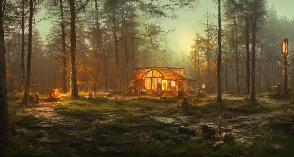 Prompt: A quiet tavern in the middle of a forgotten magical forest, rendered by simon stålenhag, rendered by Beeple, Makoto Shinkai, syd meade, environment concept, digital art, starwars, Gundam Style, unreal engine, 3 point perspective, WLOP, trending on artstation, low level, 4K UHD image, octane render,