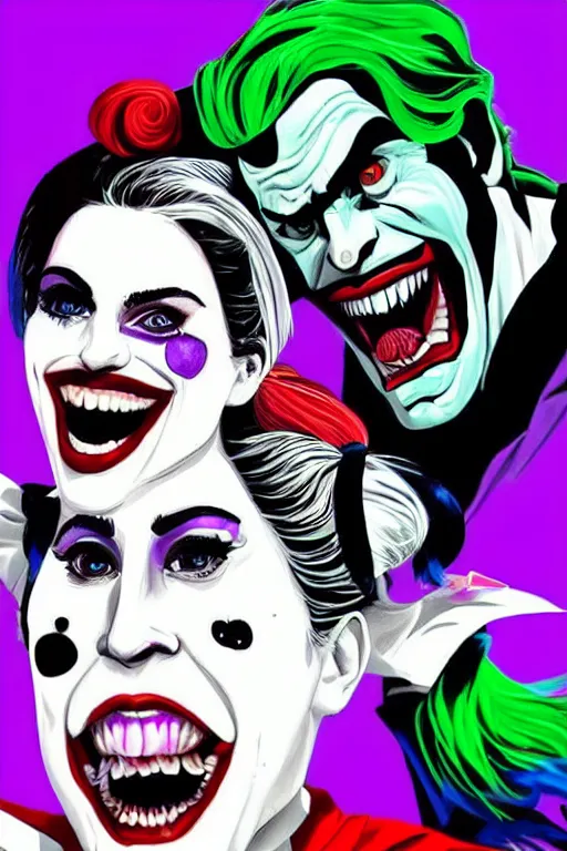 Prompt: joaquin phoenix as joker and lady gaga as harley quinn, fix duplicate content!, fix broken content!, violet polsangi pop art, gta chinatown wars art style, bioshock infinite art style, incrinate, realistic anatomy, hyperrealistic, two colors, white frame, content balance proportion