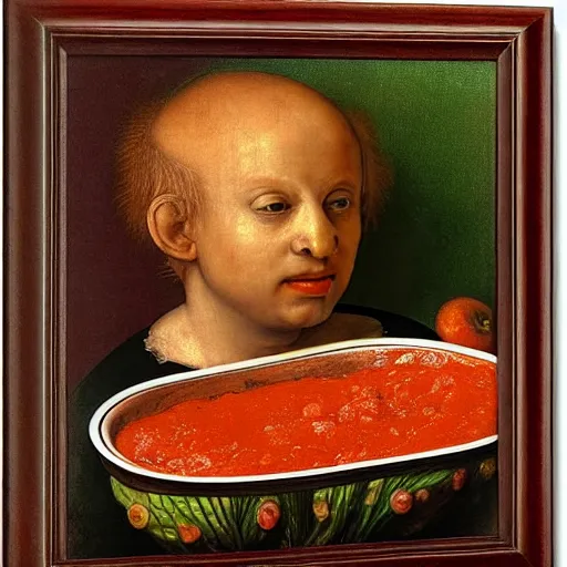 Image similar to a boy sitting in a tub full of tomato sauce, a lot of cabbage, by giuseppe arcimboldo and ambrosius benson, renaissance, fruit, intricate and intense oil paint, realistic