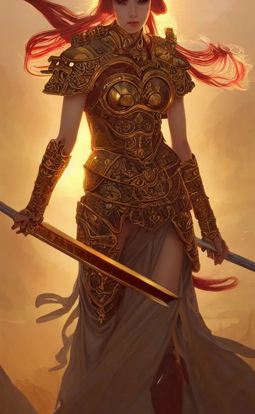 Image similar to portrait sword knights of zodiac girl, golden and copper shining armor, bushido, in ruined agora of athens sunrise, ssci - fi and fantasy, intricate and very very beautiful and elegant, highly detailed, digital painting, artstation, concept art, smooth and sharp focus, illustration, art by tian zi and wlop and alphonse mucha