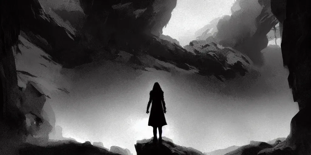 Prompt: epic portrait cinematic shot an female standing in a cave of an giant, cloudy, foggy, storm, night setting. realistic shaded lighting poster by craig mullism, radiant light digital art, trending on art station kvlt by peder balke by guido crepax by norman bluhm mystic high contrast monochromatic noir