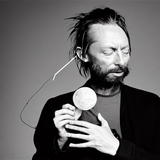 Image similar to Thom Yorke, Radiohead, holding the moon upon a stick, with a beard and a black jacket, a portrait by John E. Berninger, dribble, neo-expressionism, uhd image, studio portrait, 1990s