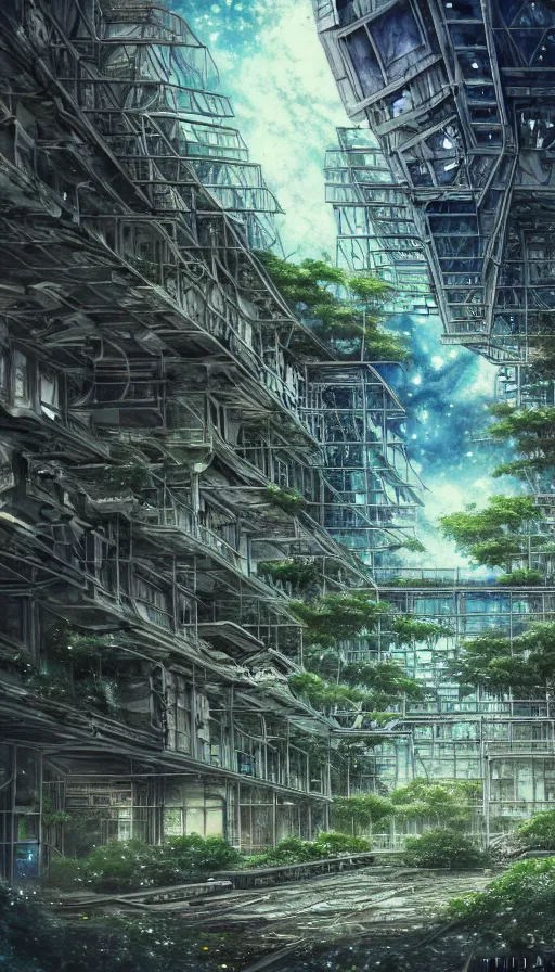 Prompt: a beautiful ultradetailed anime illustration of mine building city urbex abandoned unfinished building architecture by titian, wilderness atlantis sea san andreas matte painting crystal forest nightsky biopunk sci - fi galactic, archdaily, wallpaper, highly detailed, trending on artstation.