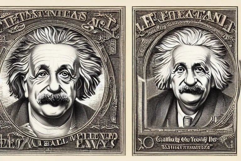 Image similar to an engraved portrait of albert einstein with equations of theory of relativity, detailed!!! copper - plate engraving in the style of money bills, fine!!! lines, engraved by alfred sealey, bureau of engraving and printing