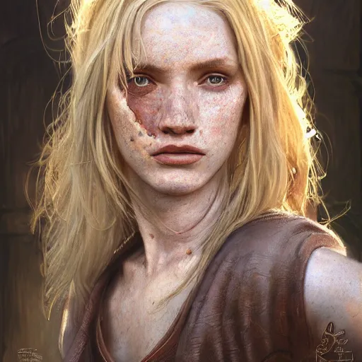 Image similar to an portrait of an happy female celt, blonde hair, lip scar, freckles, detailed, centered, digital painting, artstation, concept art, donato giancola, Joseph Christian Leyendecker, WLOP, Boris Vallejo, Breathtaking, 8k resolution, extremely detailed, beautiful, establishing shot, artistic, hyperrealistic, beautiful face, octane render