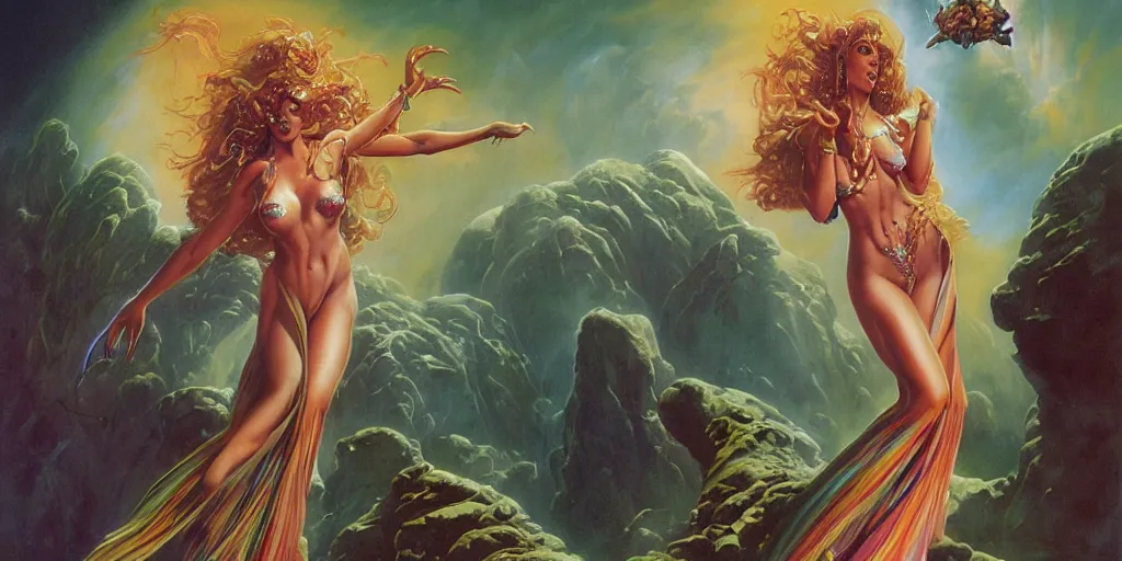 Prompt: Magic sorceress with rainbow sparkling robe, Boris Vallejo, Julie Bell, Zdzisław Beksiński, Ed Binkley, Mark Brooks Frank Frazetta, Greg Hildebrandt, Tim Hildebrandt, Alex Horley, Ralph Horsley, Peter Andrew Jones, Eddie Mendoza, Earl Norem, Greg Rutkowski, Michael Whelan, Artgerm