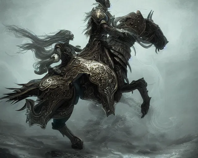 Prompt: A ghost warrior riding a giant ghost horse with armour, fantasy art, in the style of Frank Neidhardt, illustration, epic art, fantasy, intricate, elgant, amazing detail, digital painting, artstation, concept art, smooth, sharp focus