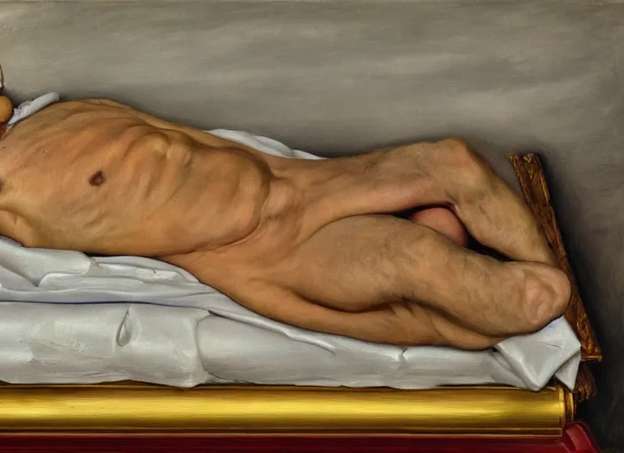 Image similar to Real life Homer Simpson, deceased in a casket, painted by Lucian Freud, highly detailed, 8k