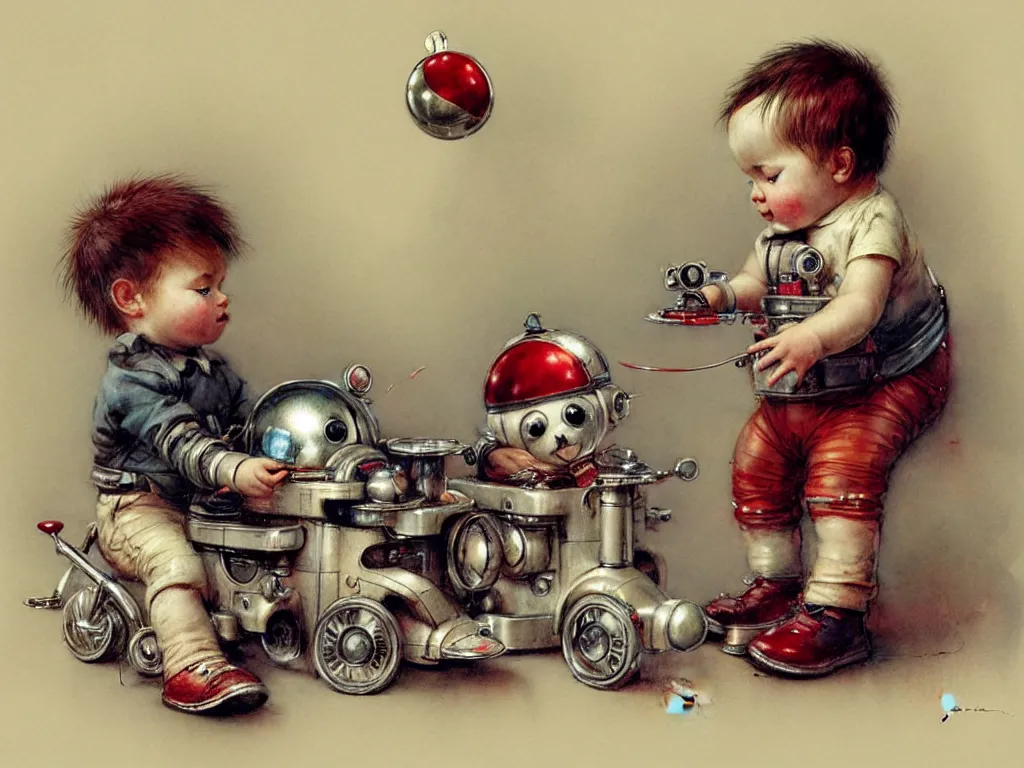 Image similar to toddler ( ( ( ( ( 2 0 2 2 retro future living room. muted colors. toys laying around ) ) ) ) ) by jean baptiste monge, chrome red, chrome silver