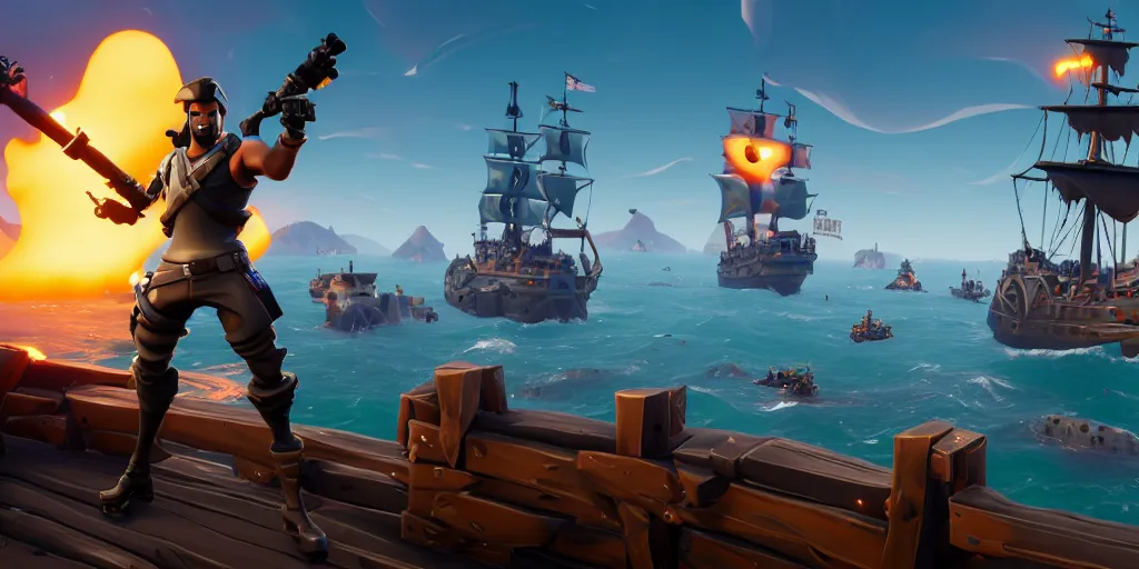 Prompt: A screenshot of a fortnite pirate standing on the front of the ghost ship with the black Jolly Roger flag, the ghost ship is in the middle of the ocean, in Fortnite, extremely detailed, pirate portrait, fantasy art overwatch and heartstone, cgsociety, artstation hq, octane render, 8k, stylized 3D CGI art , 3D, Unreal Engine, 4K UHD, RTX, DLSS,