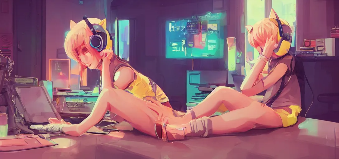 Prompt: a blond woman with cat ear headphones, sitting in front of computer, gamer, computer nerd, cute room, neon lights, gamer aesthetic, lofi vibes, strong crisp lineart and flat color, by ilya kuvshinov, krenz cushart, Greg Rutkowski, trending on artstation