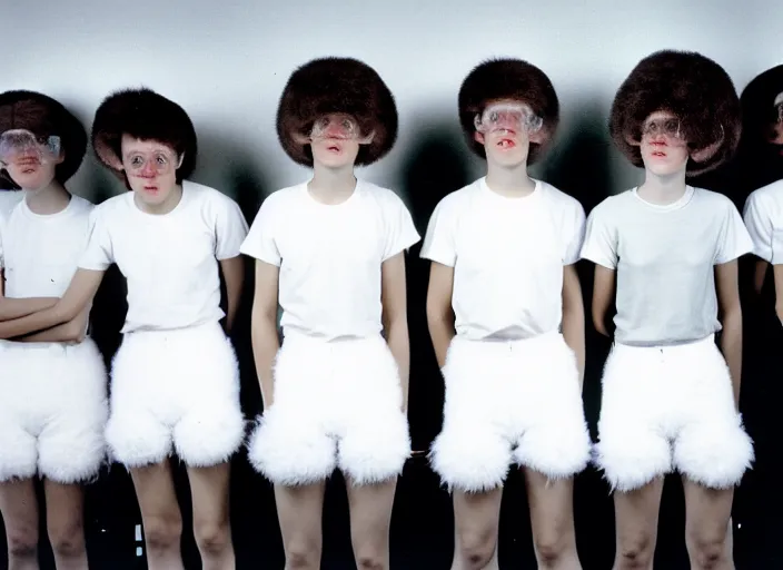 Prompt: realistic documentary photo of a a group of students wearing white fluffy feather shorts, spherical heads, standing in a science laboratory 1 9 9 0, life magazine reportage photo, neutral colors, neutral lighting