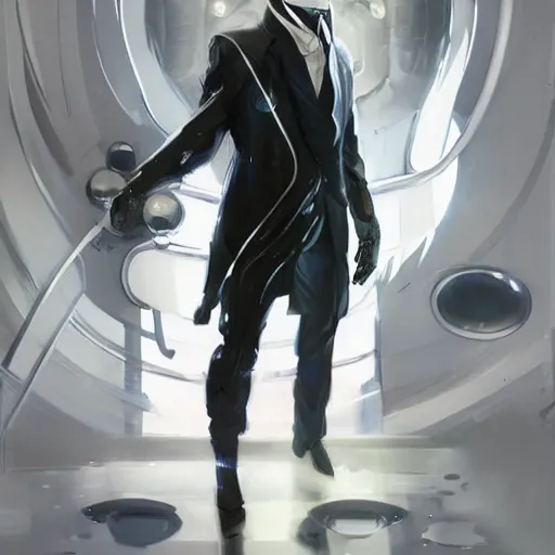 Image similar to full body portrait of a male character in sleek clothes, in a futuristic flowing white tailcoat, wearing a white mask with five round lenses for eyes, many eyes, dramatic lighting, illustration by Greg rutkowski, yoji shinkawa, 4k, digital art, concept art, trending on artstation