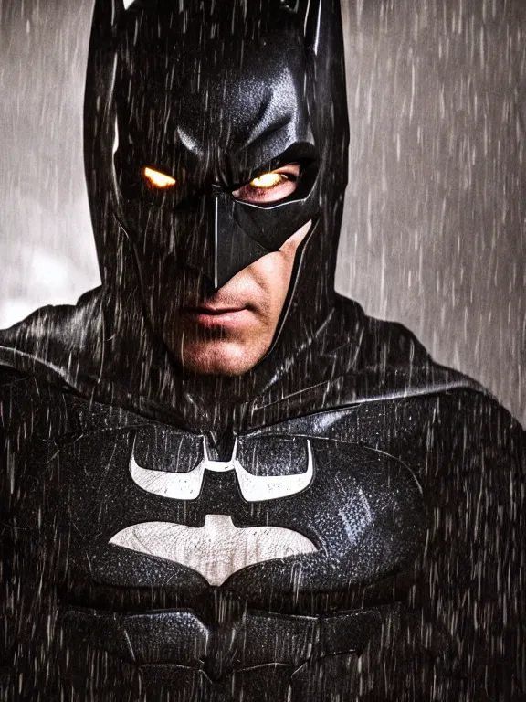 Prompt: film still, ryan renolds as batman, small mask, hyperrealism, moody lighting, rain, intricate, 8 k