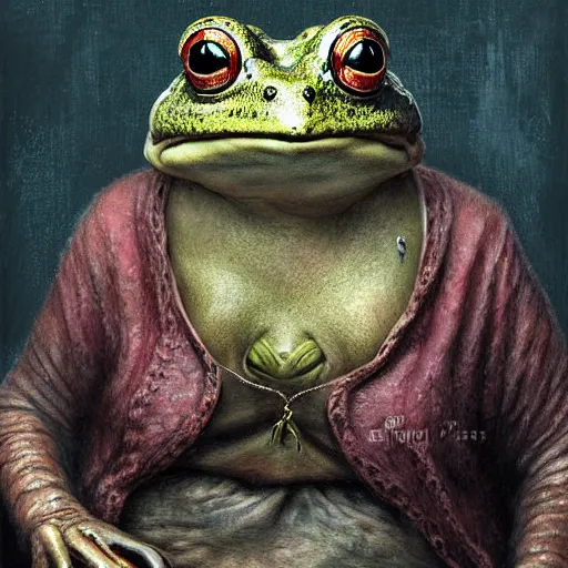 Prompt: Elderly anthropomorphic frog russian grandmother. MTG Digital art, by Seb McKinnon