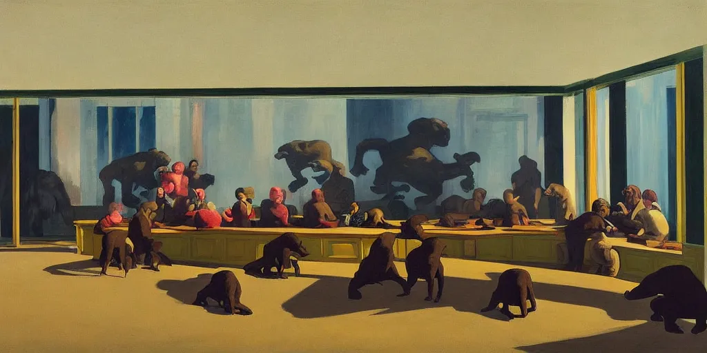 Image similar to painting, view from inside edward hopper's painting nighthawks, of a group of werebears inside a gallery, by magrirre, by neo rauch