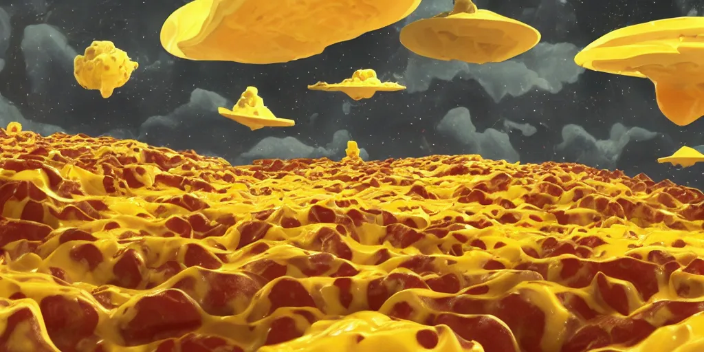 Image similar to cheese planet made of cheese interior, melted cheese waterfalls, living nachos flying though the sky, Greg Rutkowski, 3d scene, trending on Artstation, 8K, ultra wide angle, pincushion lens effect, zenith view.